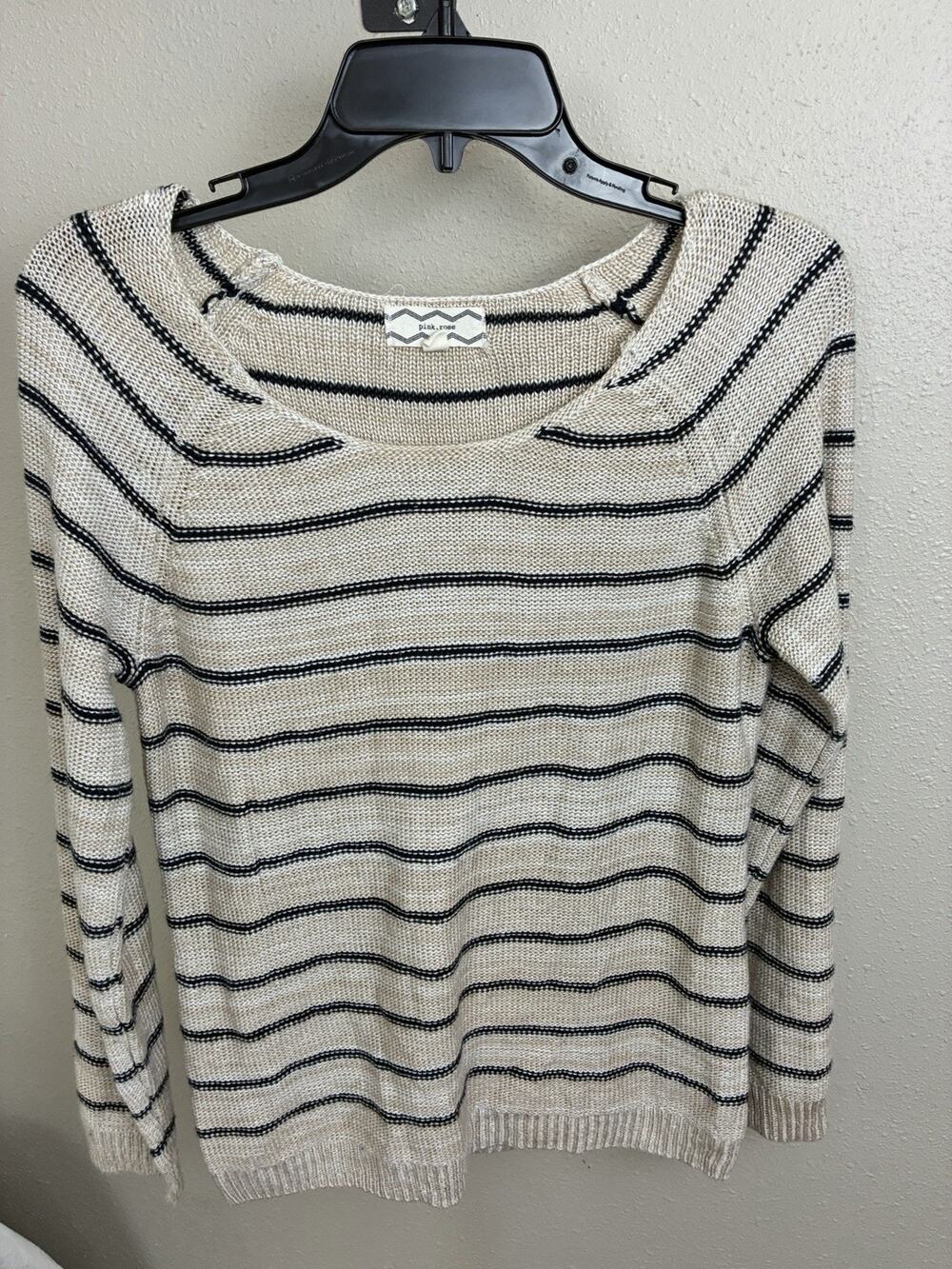 Pink Rose Beige Black Striped Boatneck Sweater Size Large
